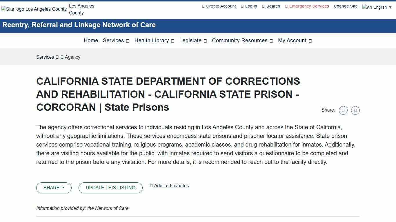 CALIFORNIA STATE DEPARTMENT OF CORRECTIONS AND REHABILITATION - CALIFORNIA STATE PRISON - CORCORAN | State Prisons - Network of Care Service Directory